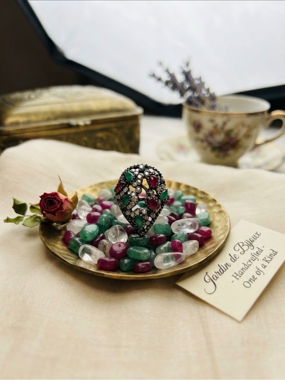 Teardrop Statement Ring with Green and Pink Stones